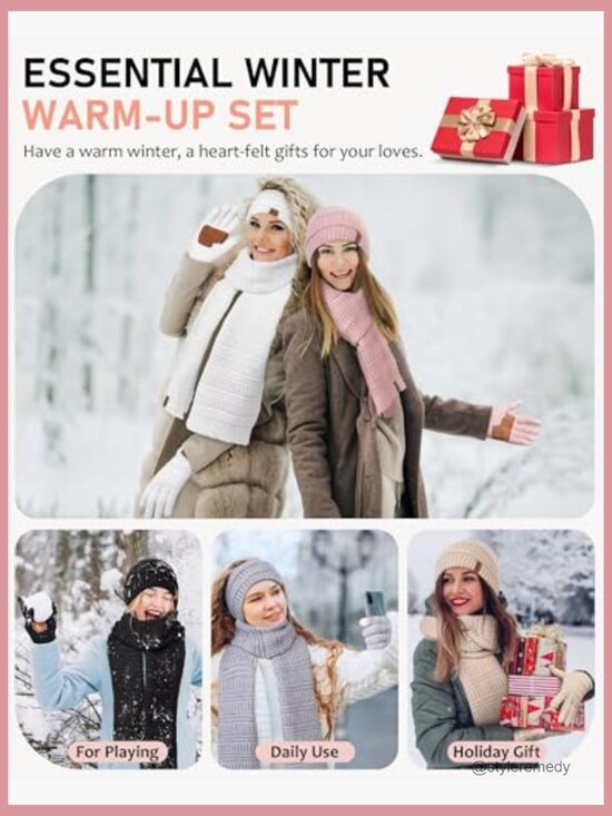 Winter Beanie Hat Scarf Gloves Headband Set, Slouchy Knit Touchscreen Gloves, main image 6